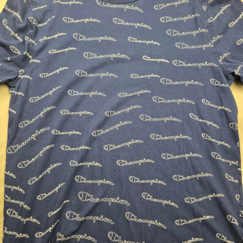 Champion Mens Navy Blue All Over Script Logo Print T-Shirt Medium Crewneck Tee - Picture 3 of 9
